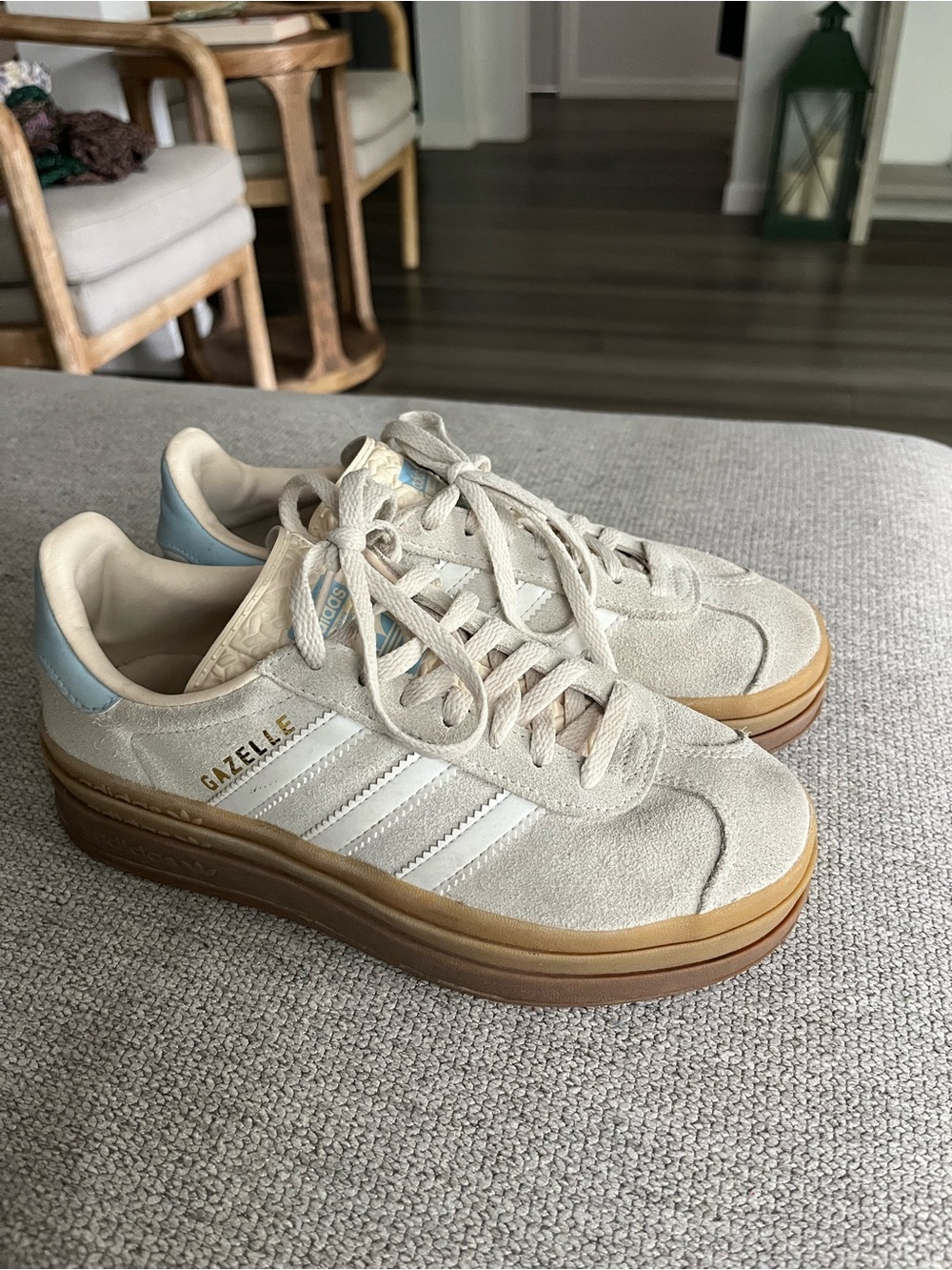 adidas Gazelle Platform Sneakers in Cream with Light Blue Heel